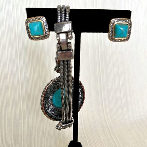 Boho Western Faux Turquoise Bracelet and Gold and Silver Tone Earrings